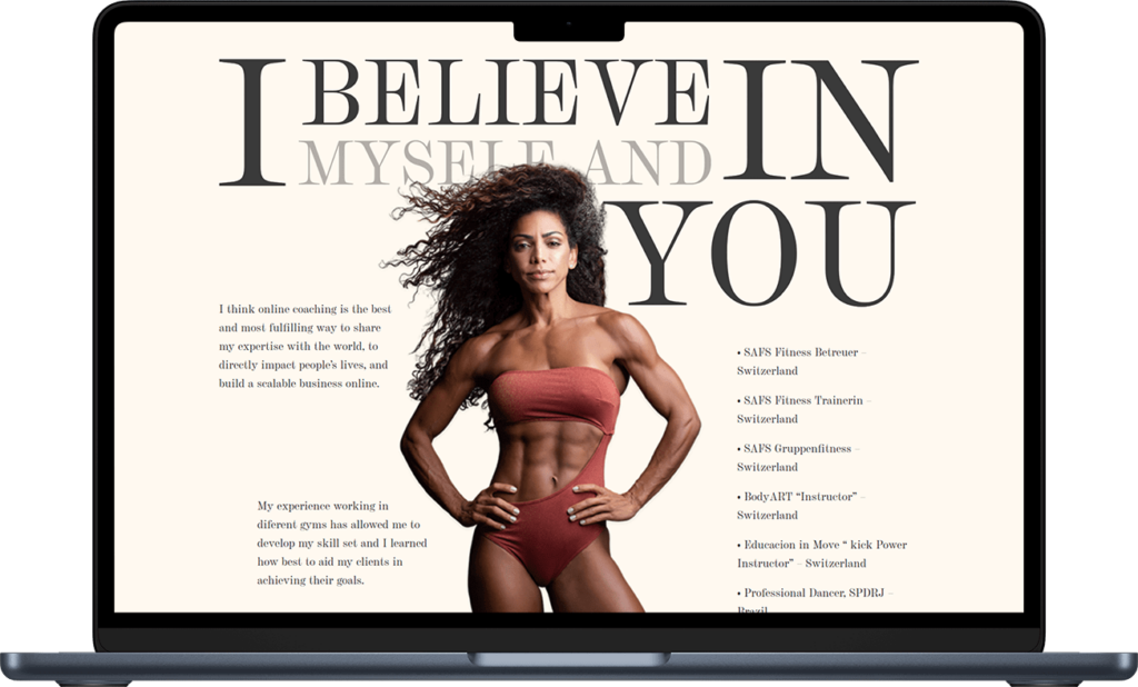 Elaine Babos site on a laptop with the about section description.