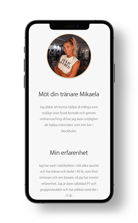 Mikaela Laurens site on a mobile with the about section description.